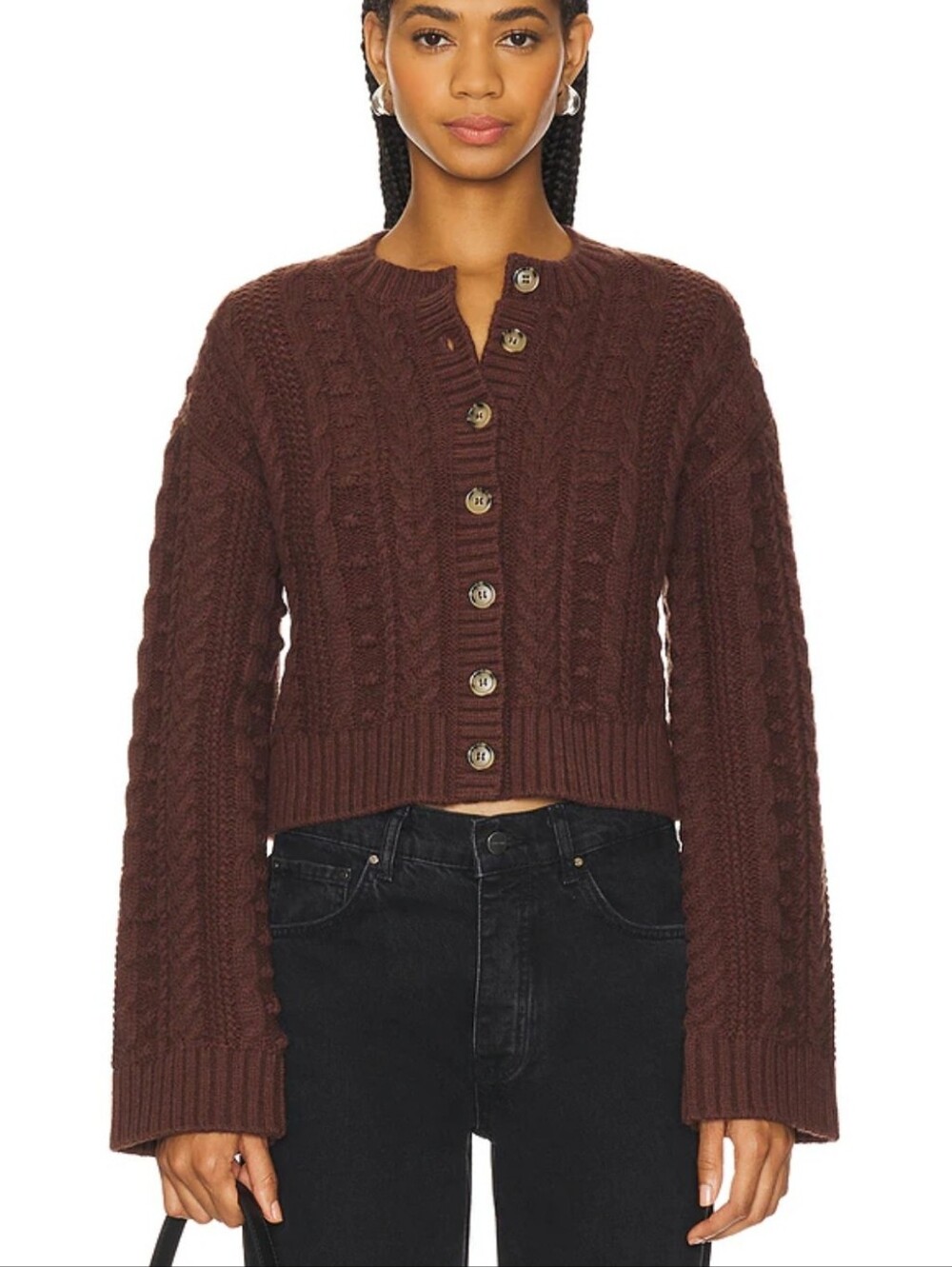 Tularosa Hunter Cardigan Brown Cropped Sm Knit Fall Comfy Everyday Long Sleeve